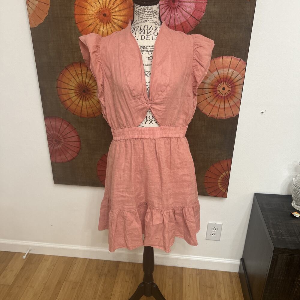 Joie Stevie Pink Linen Cut Out Midi Dress Boho Cottagecore Beach Party Sz L - Picture 2 of 7